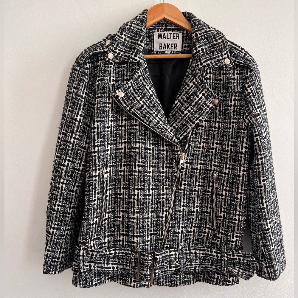 NEW WALTER BAKER REMI QUEEN TWEED BLACK WHITE OVERSIZED MOTO JACKET SIZE S